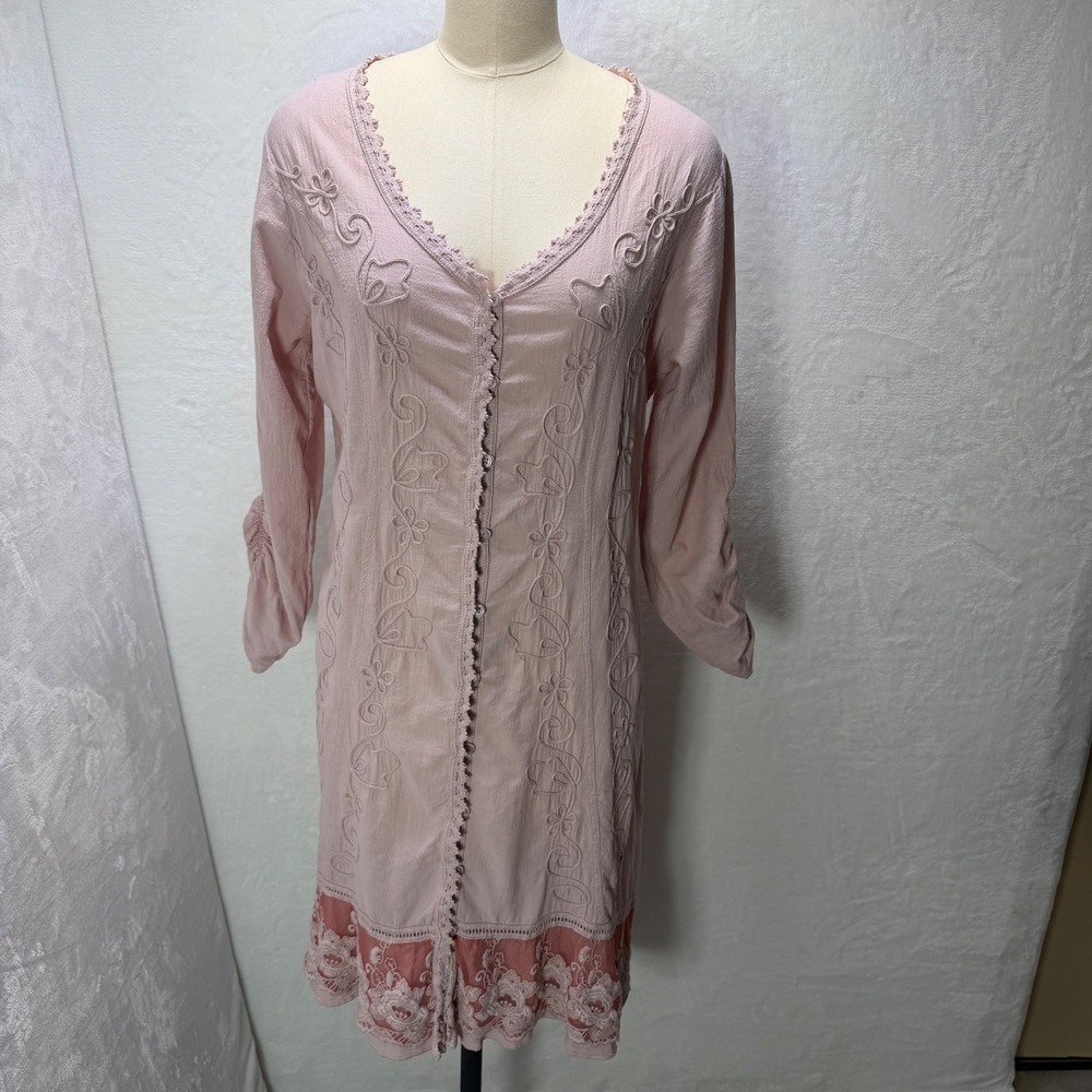 Soft Surroundings Genevive M Pink Embroidered Cotton Lace Duster Tunic Dress